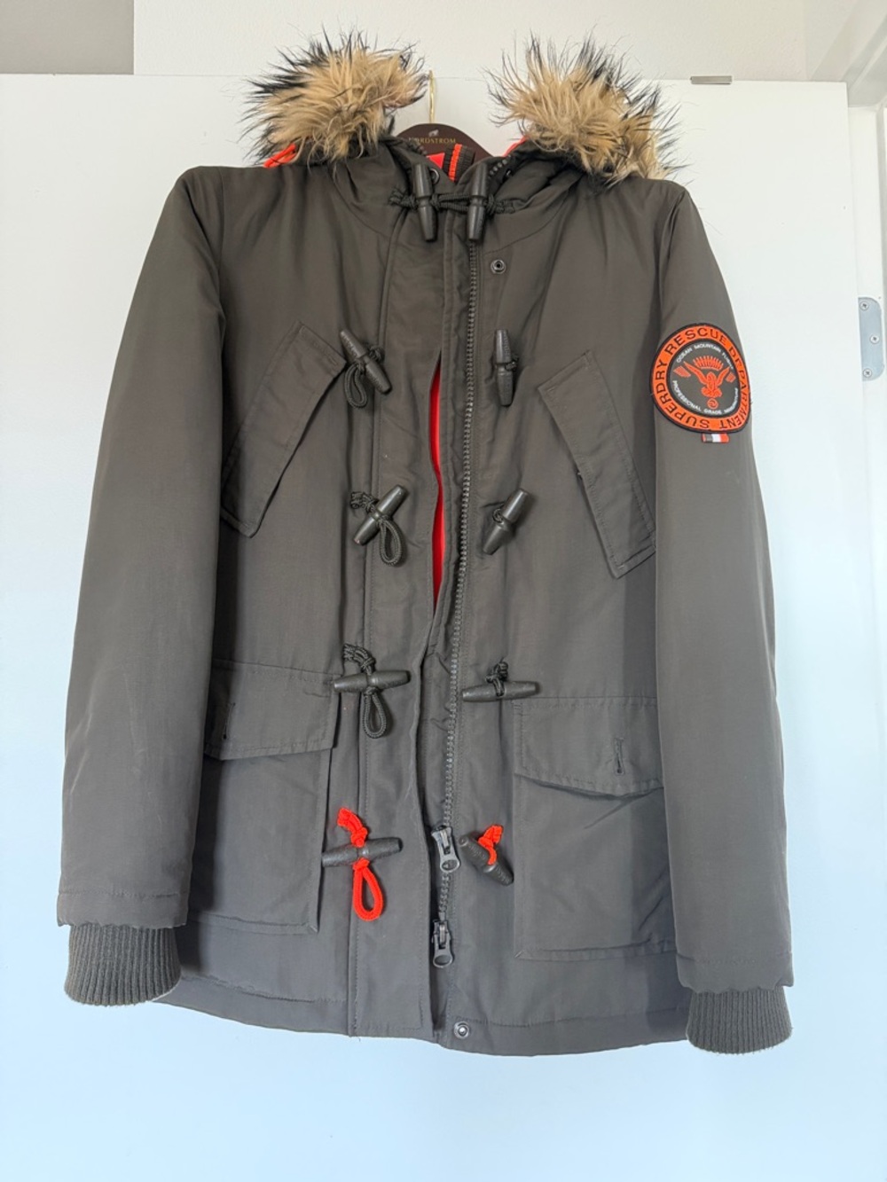 Superdry women’s Jacket with Faux Fur Hood - Olive with orange Accents